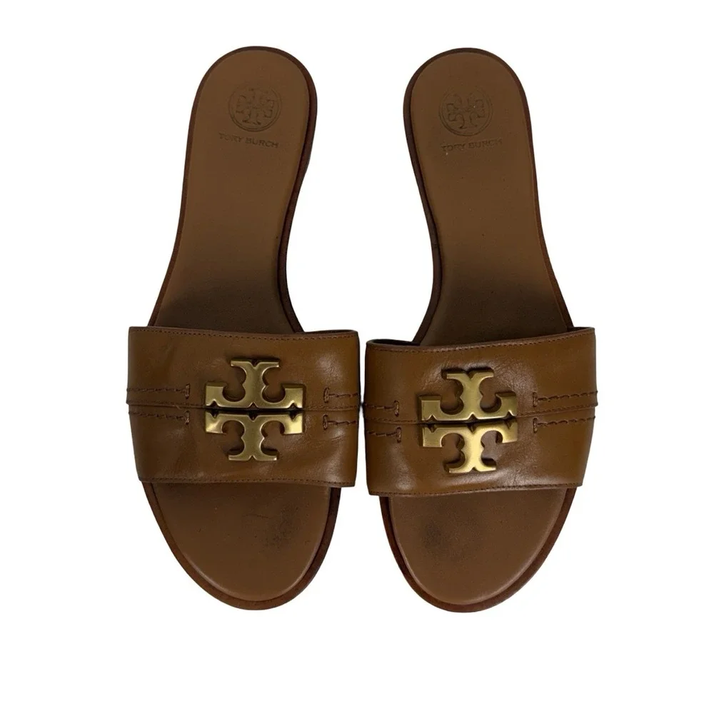 Tory Burch Everly Brown Leather Slide Sandals Gold Logo Accent Womens 8 M